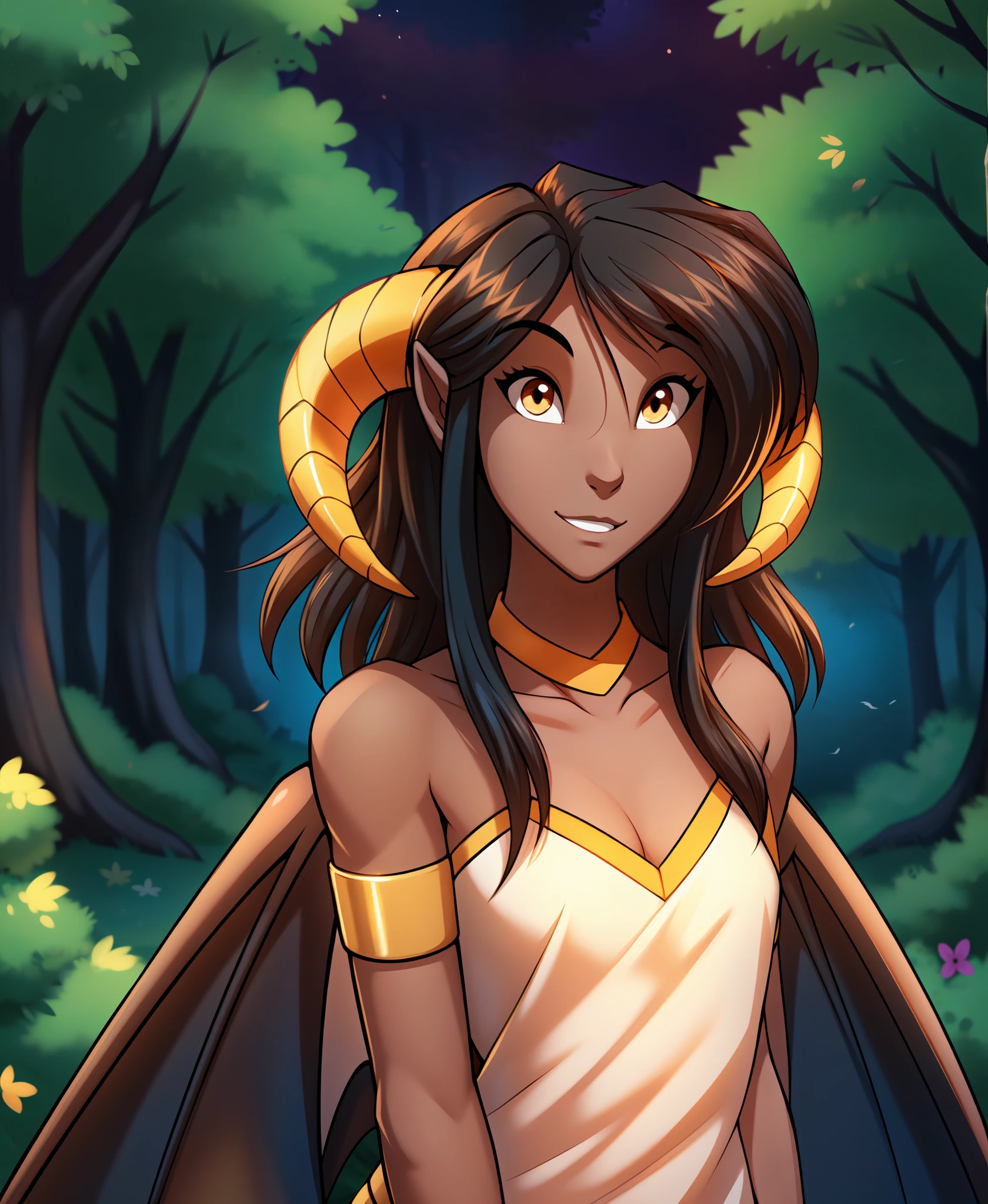 human-reni, twokinds, by tom_fischbach,, (best quality, masterpiece:1), full body ,solo, female human, orange eyes, medium hair, black hair, portrait, looking at viewer, horns, scalie, dragon wings, dragon tail, dragon humanoid, (outdoors dark forest trees blurry blurred background:1.1),