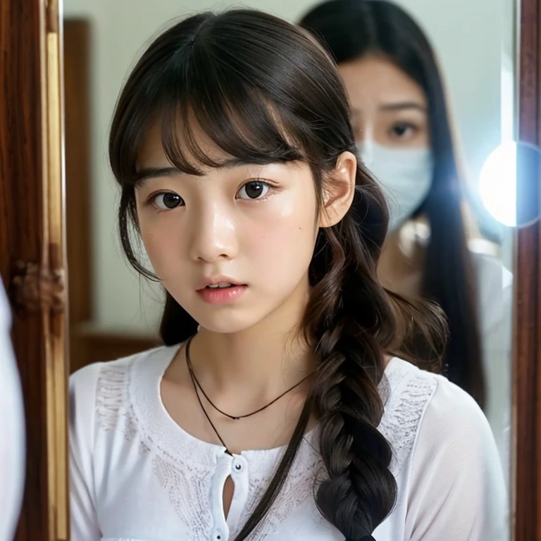 An ultra-high picture quality、Perfect Photo、16-year-old beautiful girl、Japan beautiful girl、Junior high school girls、light skinned、slender、Black Haired Beautiful Girl、cute little、Beautuful Women、((hair tying action))、((reflect in the mirror))、（tiny chest）、With bangs、((It hurts a lot))、(hate)、(Painful)、(resist)、(half-opened mouth)、(Resist fiercely)、terrifying、sports hair、Straight hair、glares、semi long hair、