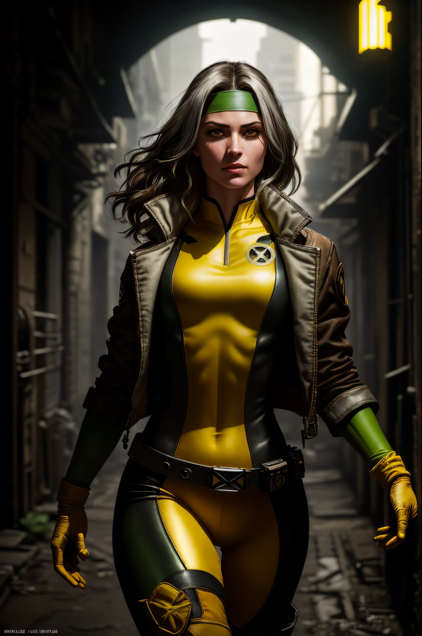 (dark shot: 1.1), epic realistic, Rogue from X-Men, 1 girl, only 1, beautiful, serious, green eyes, dark brown hair, (one white streak of hair), green headband, green and yellow bodysuit, jacket, belt, yellow gloves, open jacket, yellow boots, dark alley background, art by Greg Rutkowski and artgerm, soft cinematic light, Adobe Lightroom, darkroom, HDR, intricate, highly detailed, (depth of field: 1.4), faded, (neutral colors: 1.2), (hdr: 1.4), (muted colors: 1.2), hyper-detail (artstation: 1.4), cinematic, warm light, dramatic light (complex details: 1.1)