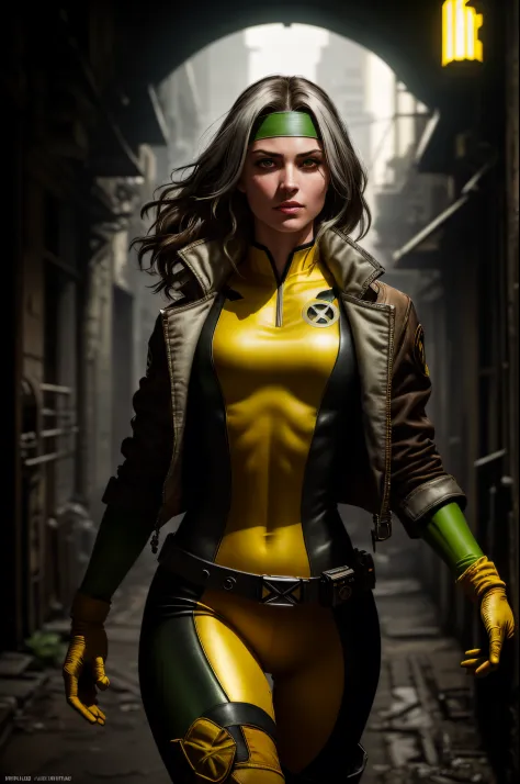 (dark shot: 1.1), epic realistic, Rogue from X-Men, 1 girl, only 1, beautiful, serious, green eyes, dark brown hair, (one white streak of hair), green headband, green and yellow bodysuit, jacket, belt, yellow gloves, open jacket, yellow boots, dark alley b...
