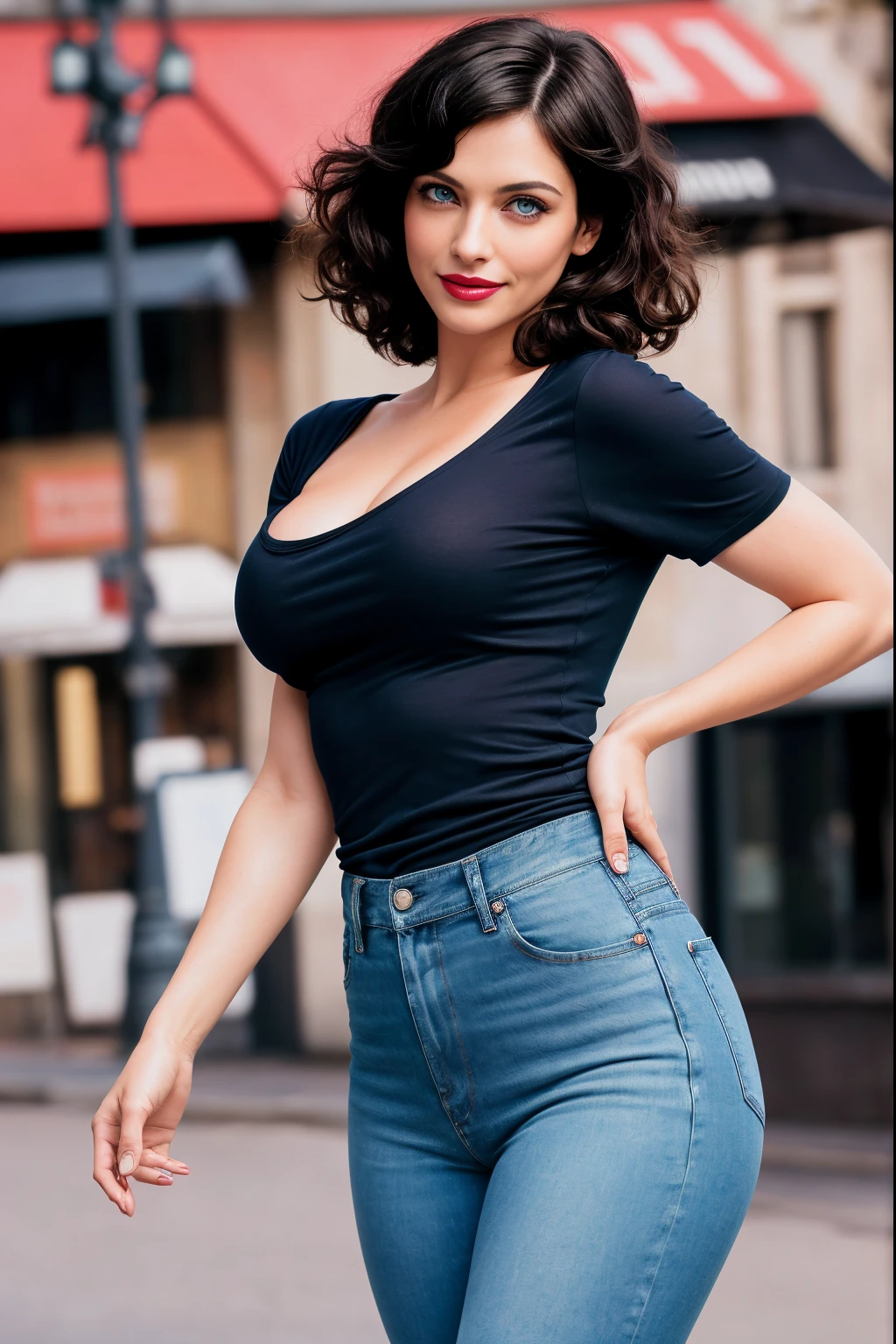 A woman in a black top and jeans posing for a picture - SeaArt AI