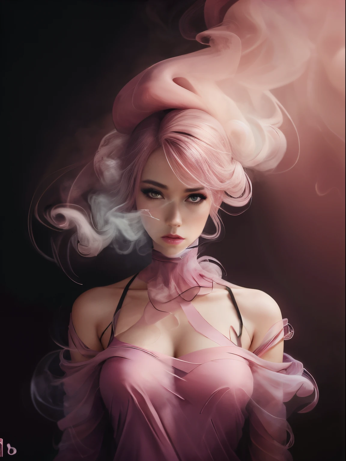 Retrato de uma mulher coberta por nuvem de fumaça, rodopiante, núcleos de destaque rosa, maquiagem rosa, dicas de pastel, nebuloso, sedutor, , tirar o fôlego, estilo de pintura a óleo, artístico, Estética da Arte Moderna, hiper-realismo