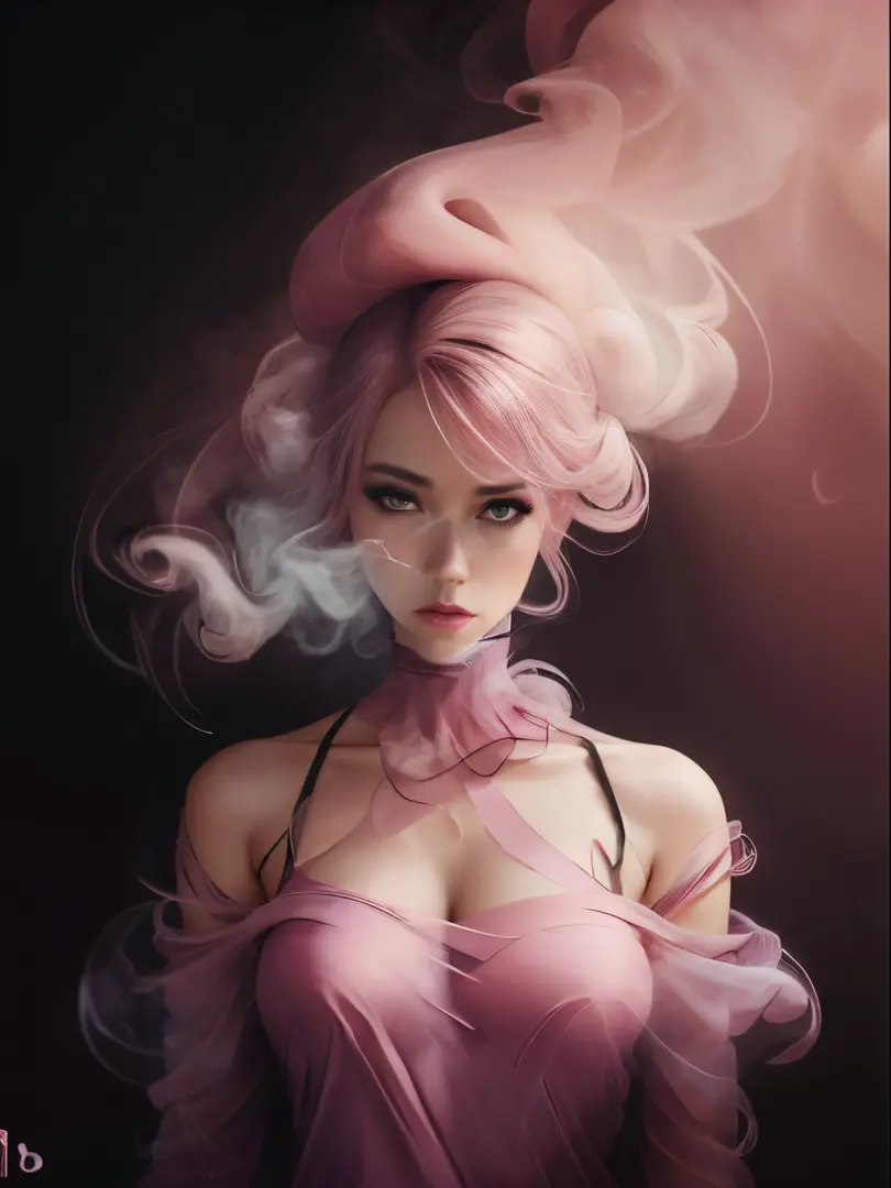 Portrait of a woman covered by smoke cloud, whirly, pink highlight cores, maquiagem rosa, dicas de pastel, nebuloso, sedutor, , ...
