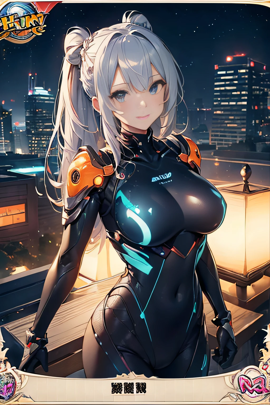 (Trading Card Game Frames:1.7),Cute round face,Cute smile,large full breasts,Dark fantasy world view,Cyber City at Night,(Gorgeous night view illumination:1.3),(a girl standing at the rooftop of a building:1.3).(Sexy super shiny orange transparent holographic mechanical cyberpunk suit:1.3) ,(Mechanical suit that shines with colorful lightning:1.3),Sexy face, a necklace,piercings, Happy smile.Sexy Pose, (Silver hair、Ponytail twisted buns adorned with elaborate braids and beads,Braided Setup Fishbone Hair,),(Bangs are see-through bangs),(hair pin、poneyTail、Floating hair、),breast slip,(Emphasis on large breasts:1.3),Professional Lighting,Cinematic Light,(masutepiece,top-quality,Ultra-high resolution output image,) ,(The 8k quality,),(Sea Art 2 Mode:1.3),,(Image Mode Ultra HD,)