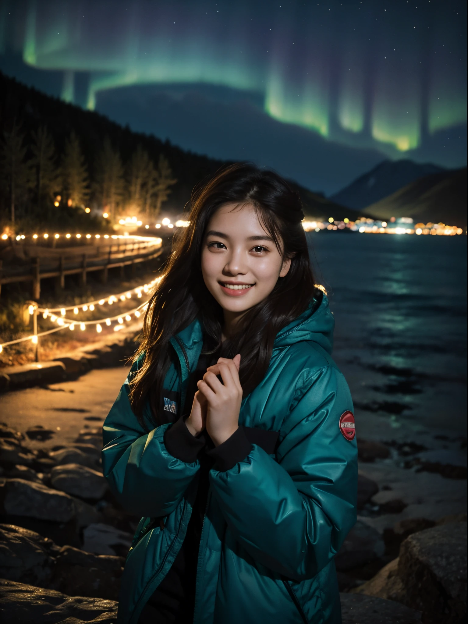 1girl, 25 years old, aurora, look at the camera, traveler, explorer, outdoor, smiling,  happy, in the dark, night, dark scene, low key