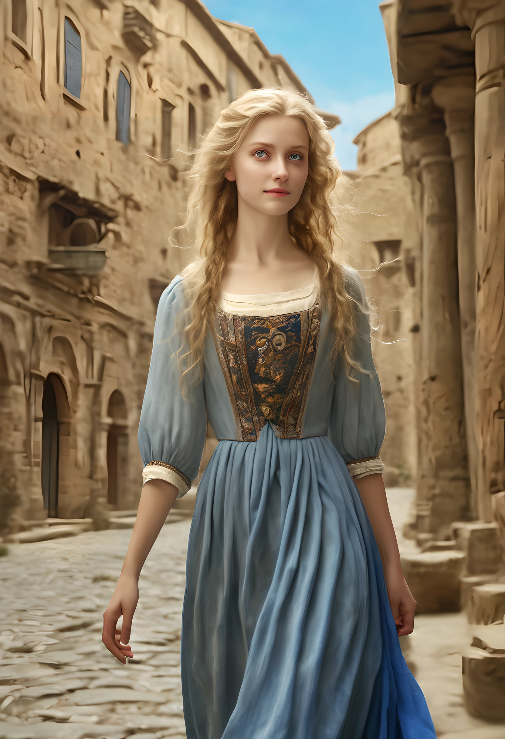 Best quality, tmasterpiece, photograph of-realistic, Complicated details, RAW photos, ultra - detailed, Old-fashioned young woman, Paired with a peasant dress, There  no neckline, Blonde hair, perfect details and blue eyes, Walking in an ancient city, high-definition picture quality, 8K, Young woman, 20yr old