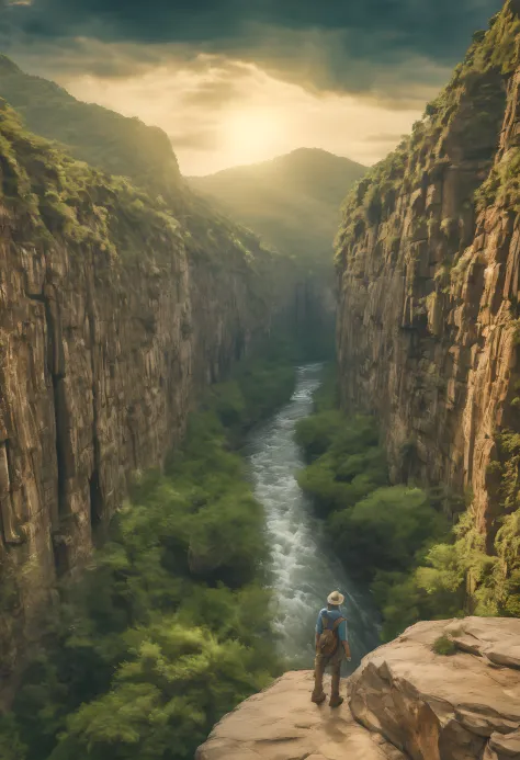 1 man standing on rock ledge overlooking river, the huge chasm, 8k hdr movie still, 8k hdr movie still, largest river, 8k movie ...