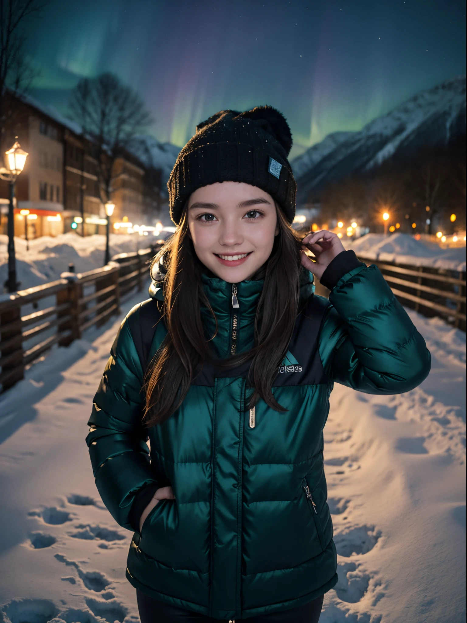 1 chica europea, 2, wearing winter exterior clothes, Aurora, mira a la camara, viajero, Explorador, exterior, sonriente,  Feliz, en la oscuridad, Noche, escena oscura, low key