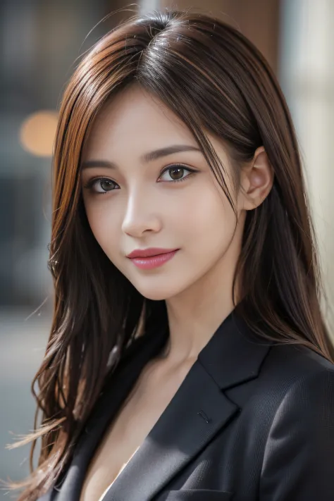 masutepiece, Best Quality, Photorealistic, Ultra-detailed, finely detail, High resolution, 8K Wallpaper, 1 beautiful woman,, light brown messy hair, in a business suit, foco nítido, Perfect dynamic composition, Beautiful detailed eyes, detailed hairs, Deta...