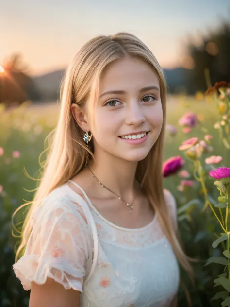 A photorealistic portrait of a 15-year-old white girl with blonde hair, smiling gently, standing in a vibrant flower field under...
