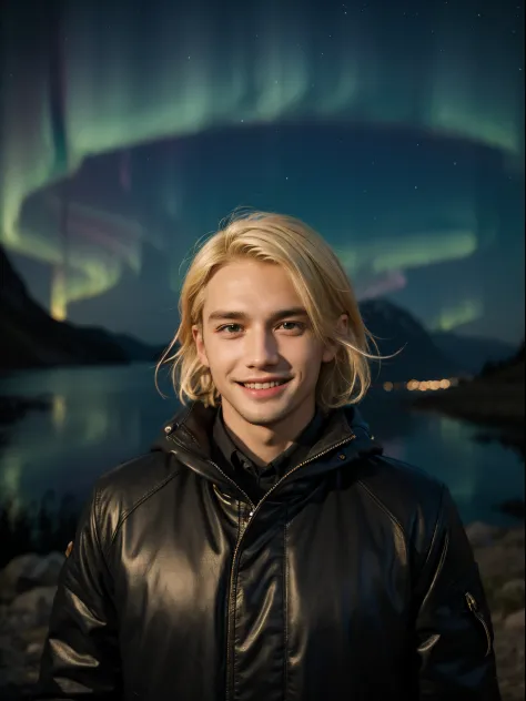 1 european man, 25 years old, blonde hair, aurora, look at the camera, traveler, explorer, outdoor, smiling,  happy, in the dark...
