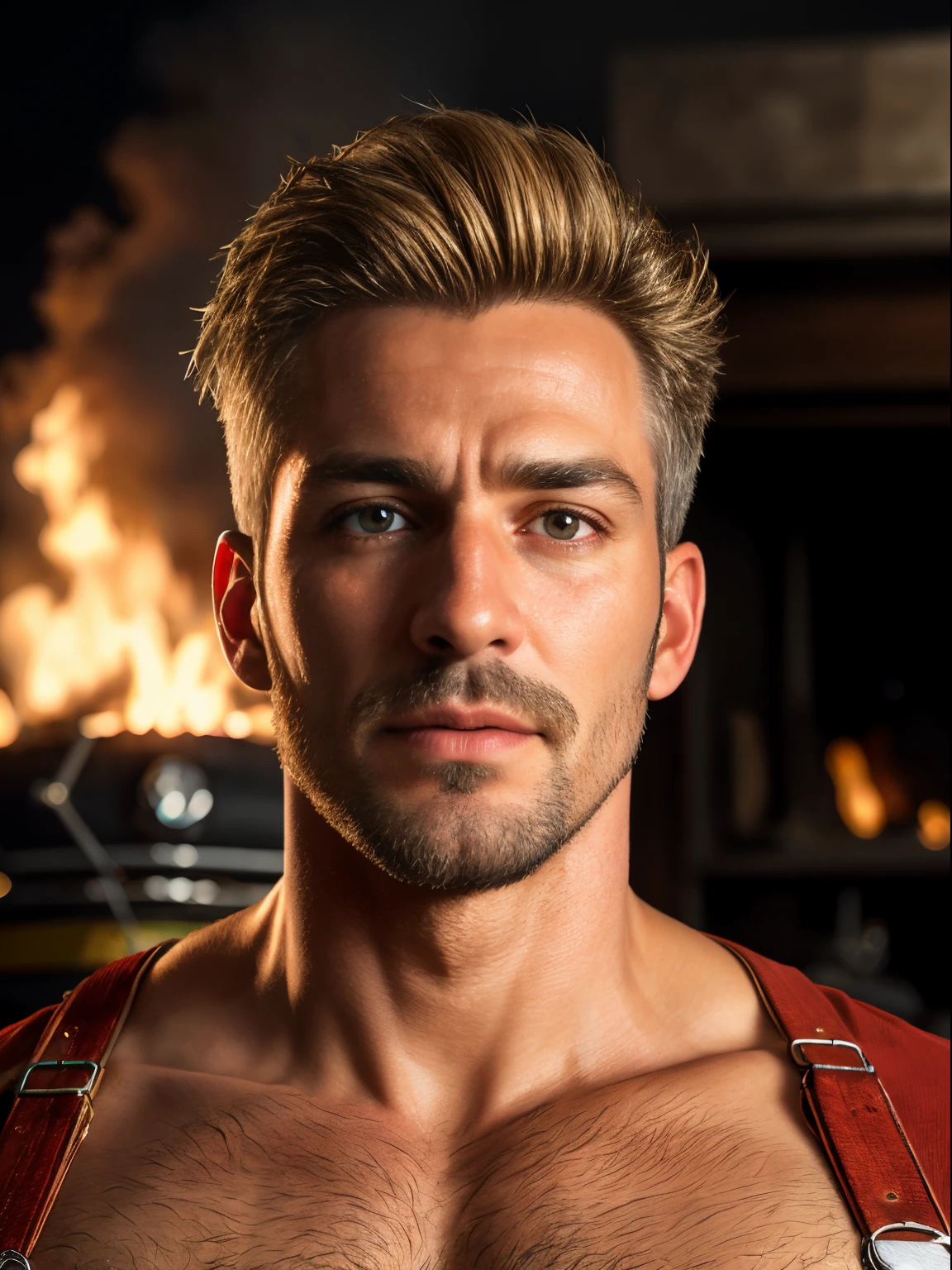 masterpiece, best quality, high resolution, closeup portrait, male focus, solo focus, A man, 50 years old, with firefighter uniform, firefighter, blonde bleached hair, messy hairstyle, cute and seductive face, bare chest, body hair, facial hair, roman nose, very skinny body, hairy legs, dimples, beard, bold jawline , in the background a fire statition,  view from below, amazing composition, front view, HDR, ultra quality, elegant, highly detailed