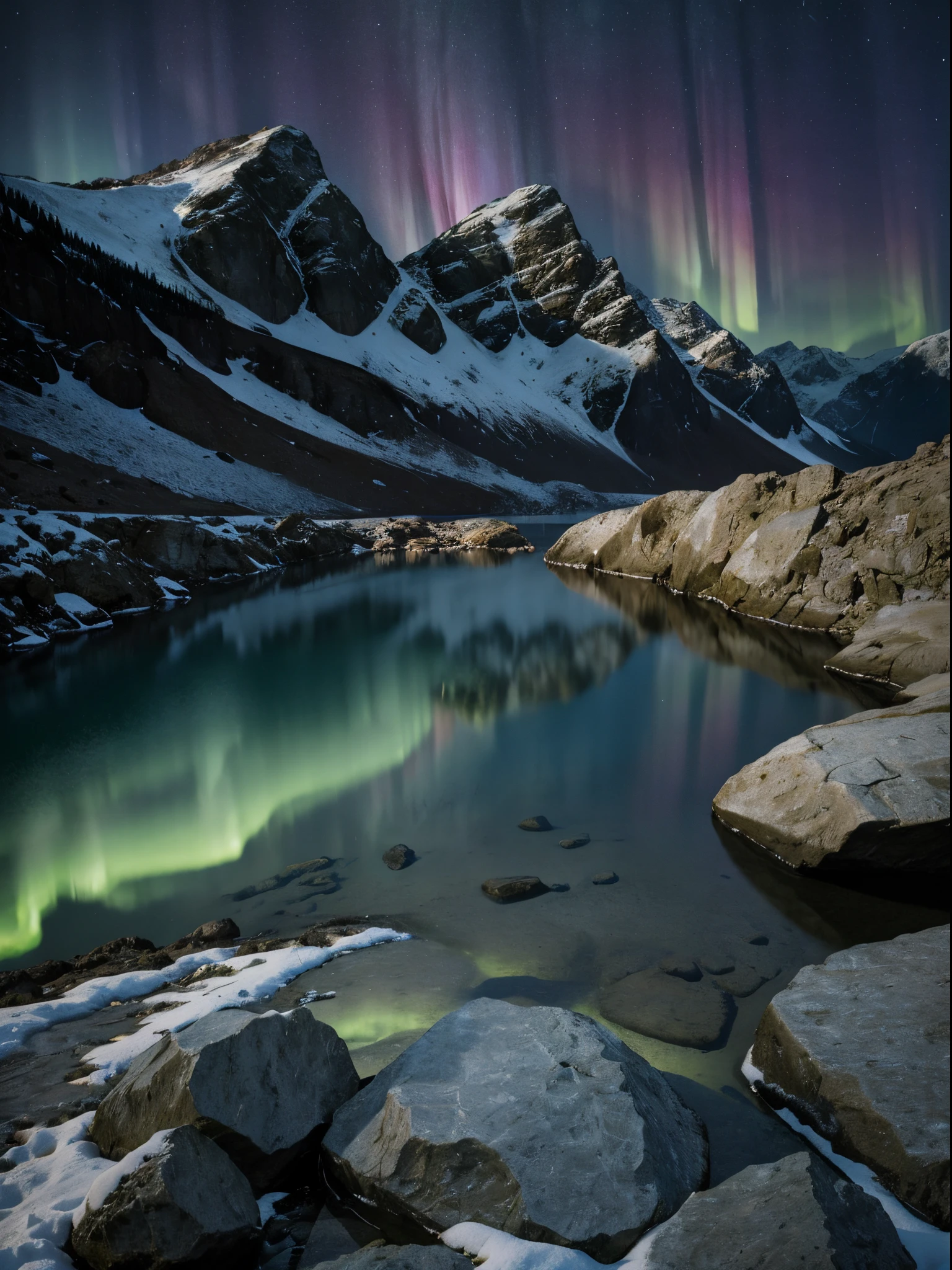 landscape, mountain and lake, (close-up rocks: 1.3), detailed texture, winter, star, aurora, outdoor, in the dark, night, dark scene, low key