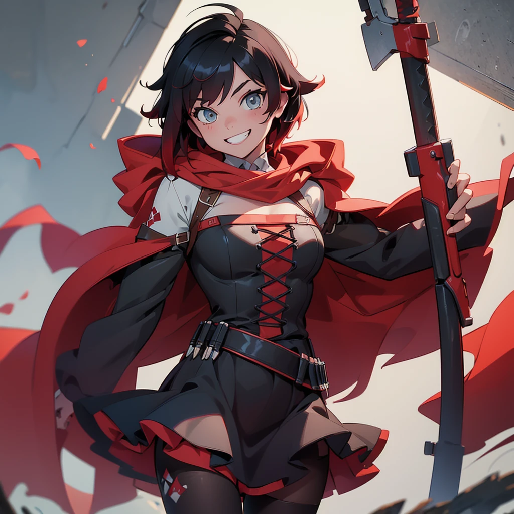 (masterpiece, best quality:1.2), cowboy shot, solo, 1girl, ruby rose, grin, looking at viewer, arms behind back, black dress, long sleeves, red cape, pantyhose, country lane