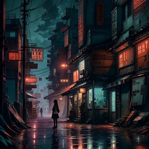 A nostalgic digital painting inspired by the enchanting world of Studio Ghibli. A obra retrata um charmoso, small town street at...