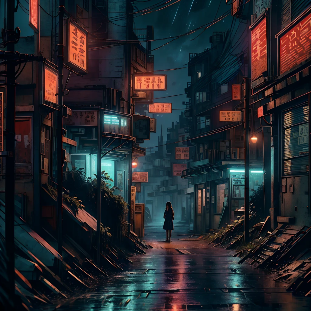 A nostalgic digital painting inspired by the enchanting world of Studio Ghibli. A obra retrata um charmoso, small town street at night, exuding a sense of tranquility and wonder. The scene set for a cinematic moment, reminiscent of a scene from a Ghibli film. In the composition, a lonely high school girl stands in contemplation, Virou-se de costas para o espectador, emanando um toque de melancolia. O mundo ao seu redor lindamente detalhado, capturing the essence of a nostalgic atmosphere. The sky above adorned with a breathtaking star display, evocando um sentimento de melancolia que ressoa em espectadores de todas as idades.