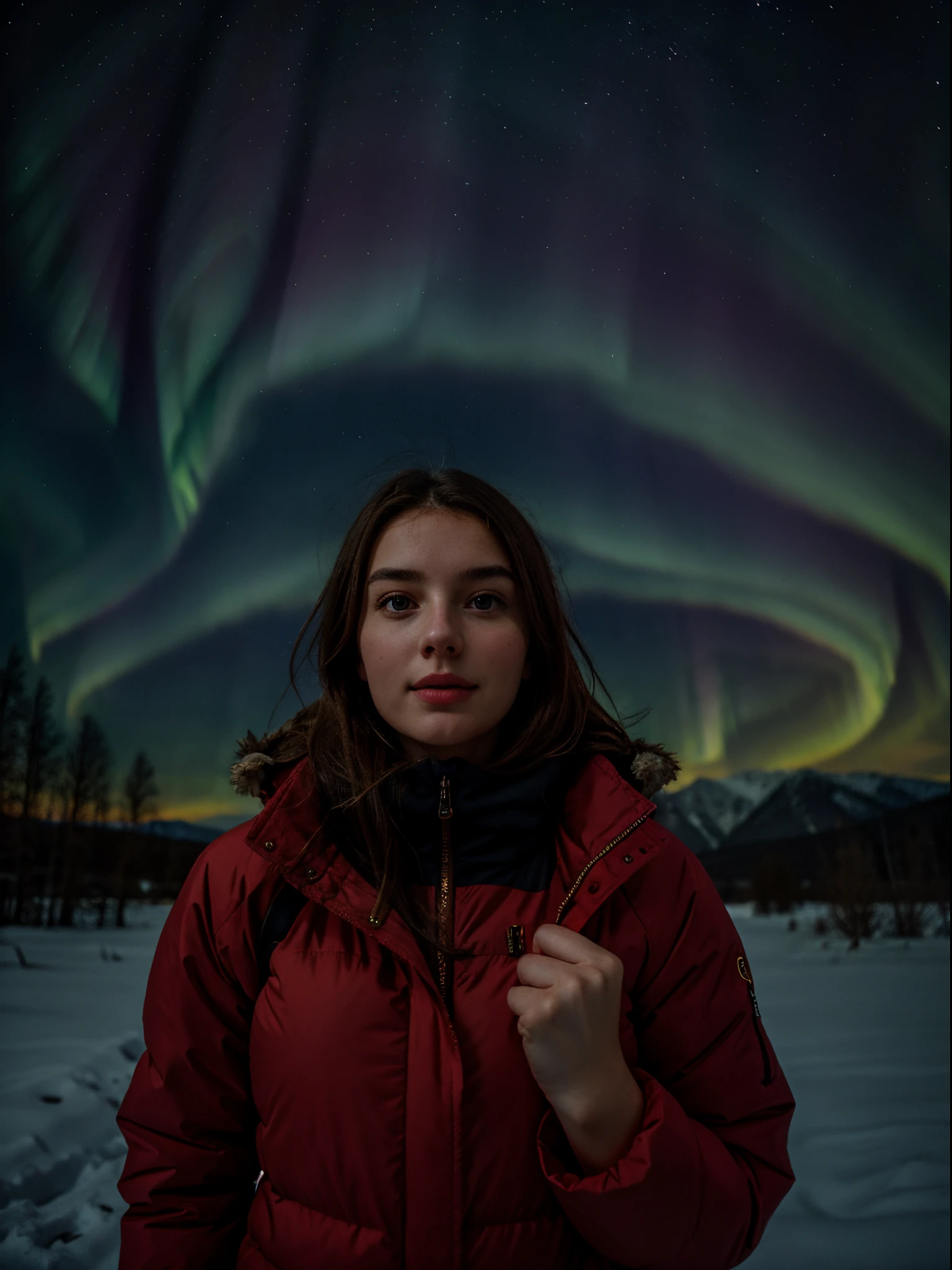 1 European girl, 25 years old, upper body portrait, wearing winter outdoor clothes, aurora, look at the sky, traveler, explorer, outdoor, ecstatic, in the dark, night, dark scene, low key