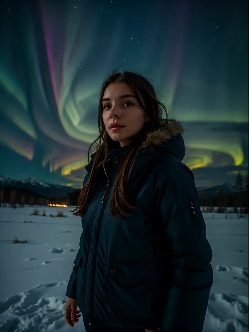 1 European girl, 25 years old, upper body portrait, wearing winter outdoor clothes, aurora, look at the sky, traveler, explorer,...