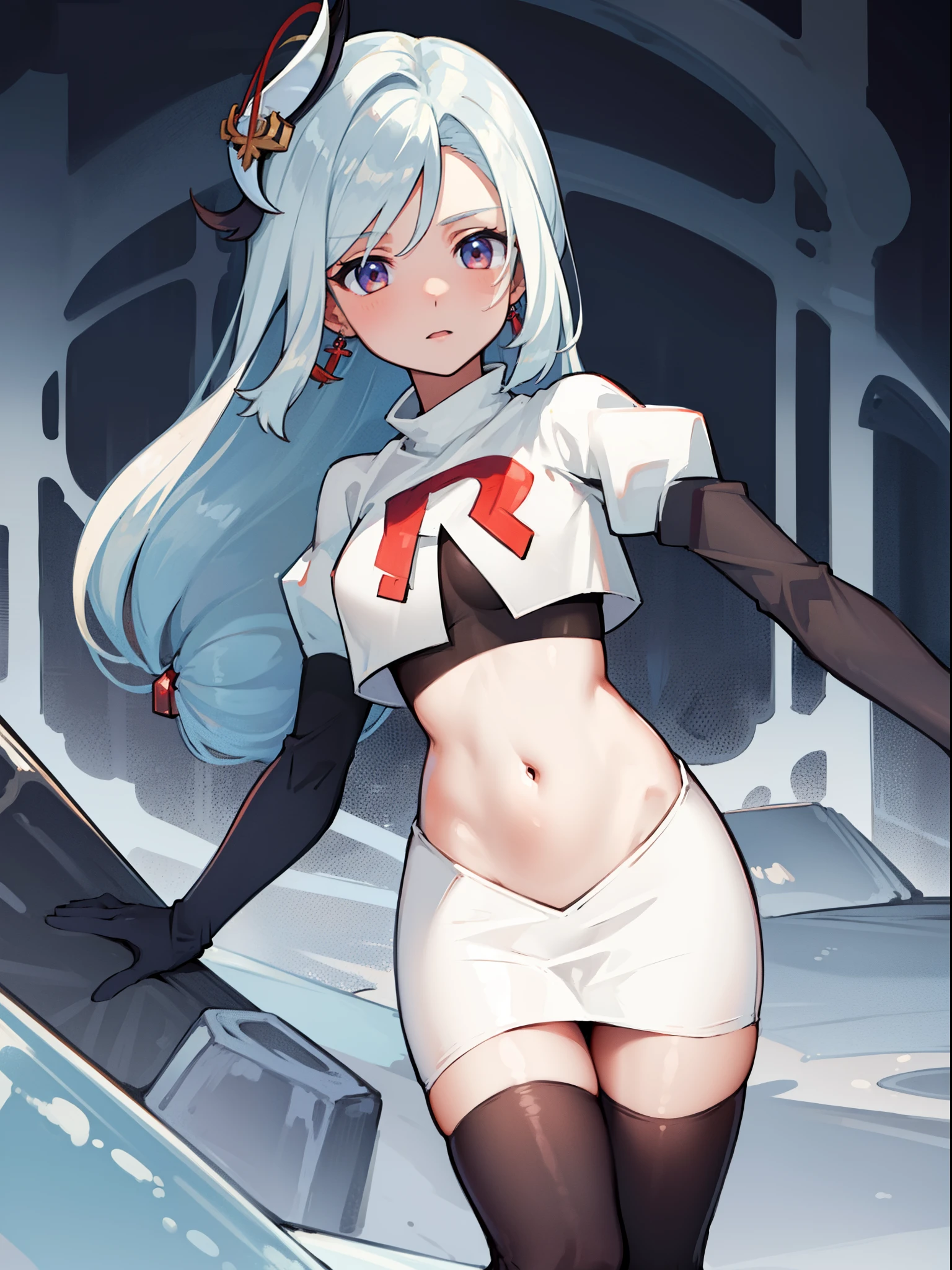 masterpiece, best quality, shenhe \(genshin impact\), long hair, 1girl, solo, earrings, hair ornament, team rocket,team rocket uniform, red letter R, white skirt,white crop top,black thigh-highs,black elbow gloves