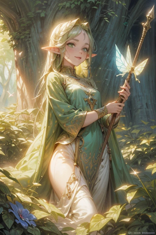 (best quality, masterpiece:1.2), pixelart, the elf, detailed facial features, long pointed ears, stunning green eyes, flowing golden hair, slim and graceful figure, elegant green dress, standing in a magical forest, surrounded by colorful flowers and sparkling butterflies, holding a mystical staff in her hand, a radiant smile on her lips, sunlight filtering through the foliage, creating a soft and enchanting atmosphere. The artwork captures every intricate detail of the elf's appearance, from the delicate strands of her hair to the intricate patterns on her dress. The colors are vibrant and vivid, showcasing the elf's connection with nature. The lighting accentuates the ethereal beauty of the scene, casting a gentle glow on the elf's face. This pixelart masterpiece is a celebration of fantasy and nature, inviting viewers to immerse themselves in a world of magic and wonder.