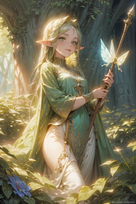 (best quality, masterpiece:1.2), pixelart, the elf, detailed facial features, long pointed ears, stunning green eyes, flowing go...
