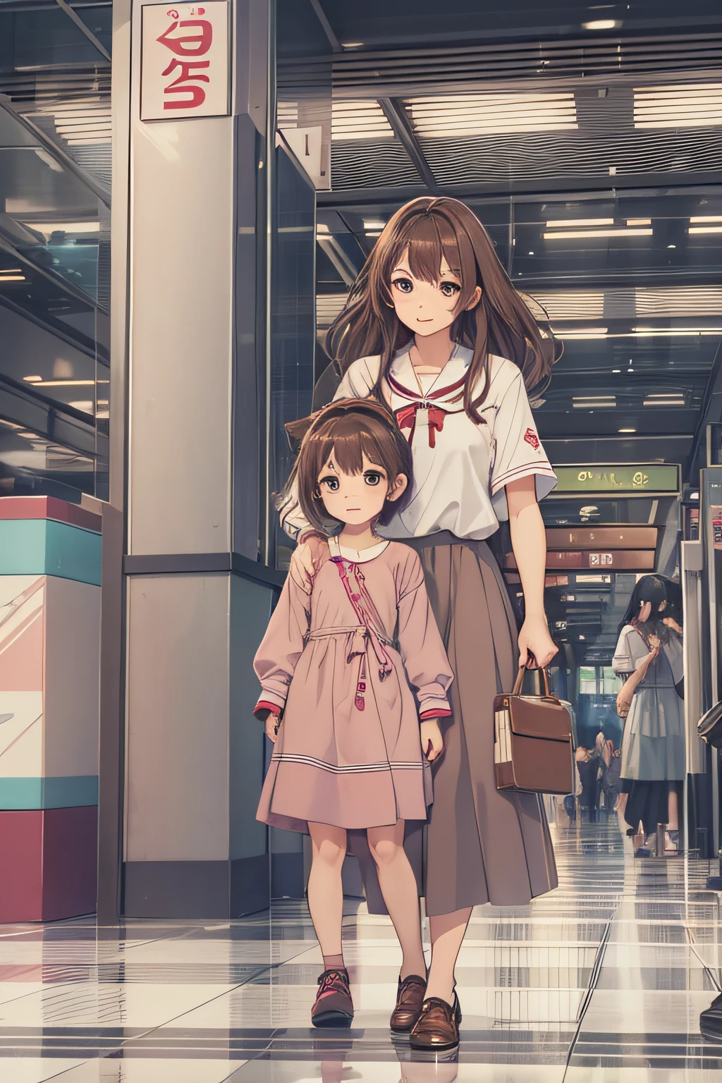 Anime girl and boy standing in a subway station with luggage - SeaArt AI