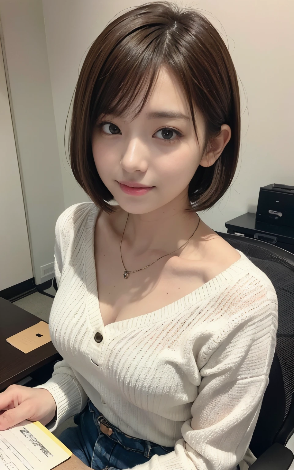 Cute 21 years old Japan、Japan Domestic flights、desk work、Studying、Super Detail Face、Eye of Detail、double eyelid、beautiful thin nose、sharp focus:1.2、prety woman:1.4、(light brown hair,short cut hair, White skin、Colorful sweater、top-quality、​masterpiece、超A high resolution、(Photorealsitic:1.4)、C cup breasts、