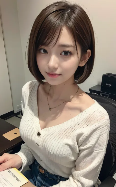Cute 21 years old Japan、Japan Domestic flights、desk work、Studying、Super Detail Face、Eye of Detail、二重まぶた、beautiful thin nose、foco nítido:1.2、prety woman:1.4、(light brown hair,short cut hair, White skin、Colorful sweater、top-quality、​masterpiece、超A high resol...
