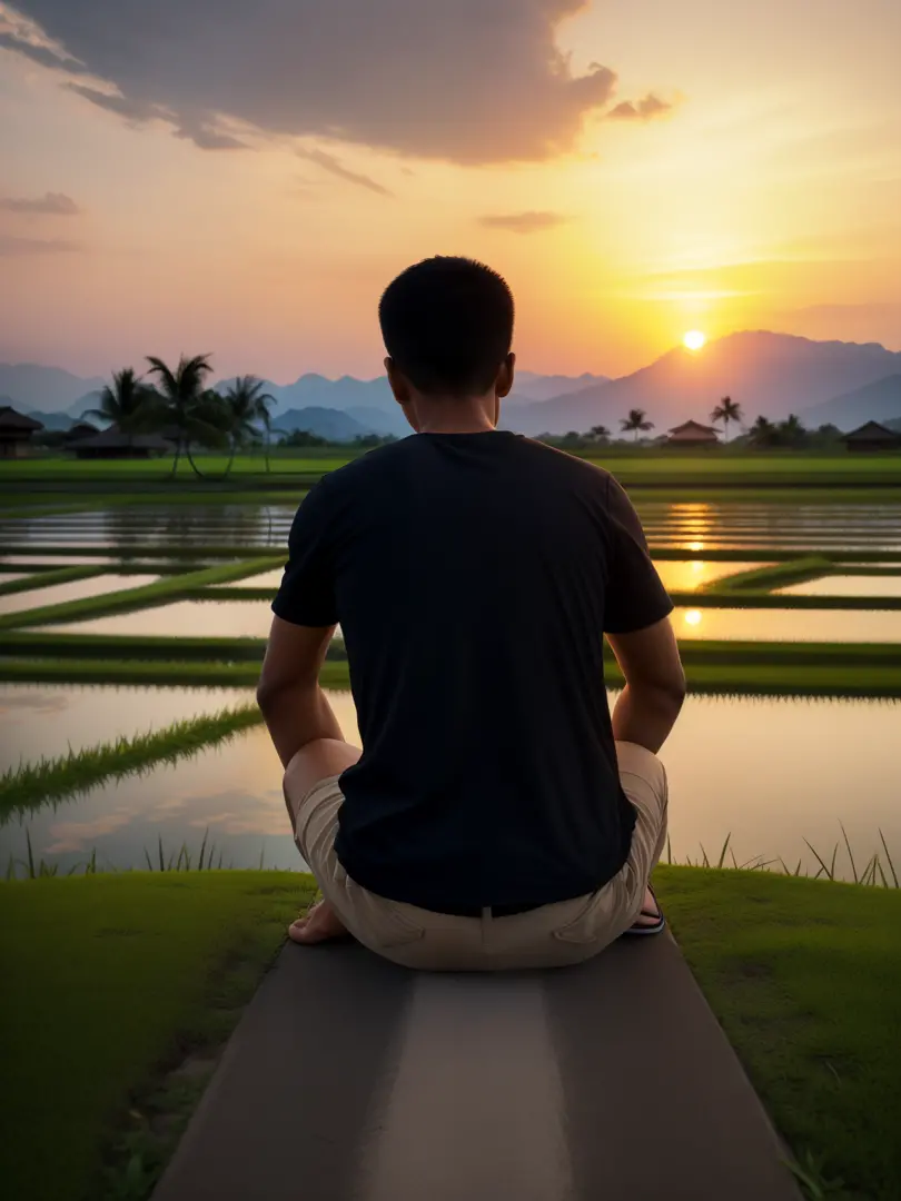 a man sitting in the rice fields, solo, (rice fields background), with his back turned, sit in road, (head down), young man with black short, wearing black t shirt, walking away from camera, walking away, (wearing black trousers), walking boy, (wearing bla...