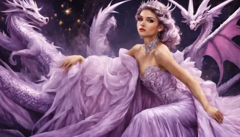 Queen of the White Dragon, mulher madura jovem, "Zendaya", Orelhas longas de elfos, elegant lilac Ruby dress, mama grande, Curvy...