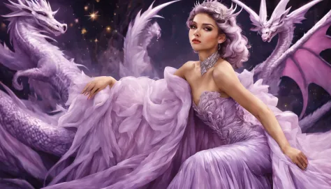 queen of the white dragon, mulher madura jovem, "zendaya", orelhas longas de elfos, elegant lilac ruby dress, mama grande, curvy...