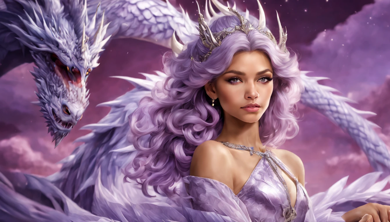 Reine du Dragon Blanc, jeune femme mûre, "Zendaya", Longues oreilles d&#39;elfe, élégante robe Ruby lilas, mama grande, courbée, cheveux vawy de lingue de dragon, cheveux très longs, Des traits du visage doux, Cornes de dragon blanches sur la tête, femme majestueuse, décoration argentée sur sa robe lilas Ruby, Reine de l&#39;étoile d&#39;argent, De grands yeux bleus, lèvres couleur cerise, Dragons blancs, ciel étoilé