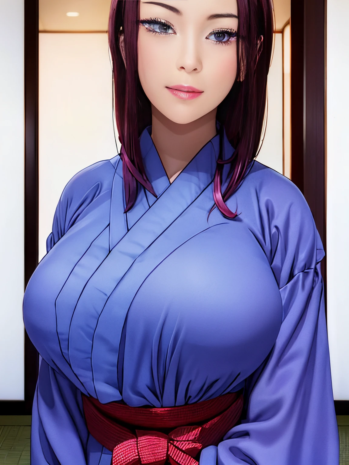 High resolution, Highest Quality, Illustration, super detailed, (Detailed face), (Detailed eyes), Cinematic lighting, Best Quality, super detailed, masutepiece, fine lines, 1girl in, Solo, Red hair, Purple eyes,, Bright eyes, Large breasts, Clear, (Colorful), Upper body, scissors in hand, Indoor, Well-behaved girl, Imperial Japanese uniform