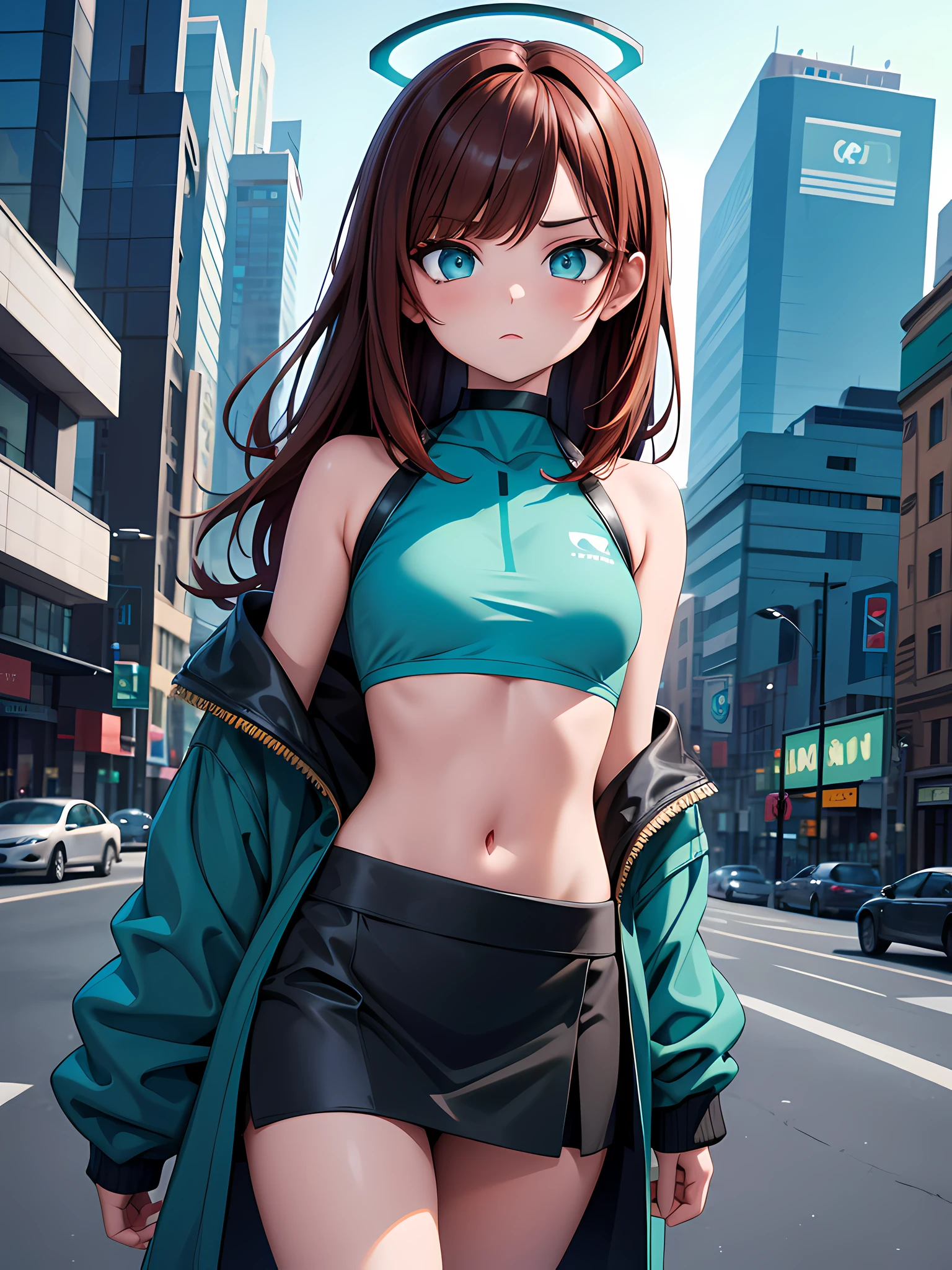 1girl, medium auburn hair, blue green eyes, small breasts, wearing teal crop top, black skirt, futuristic city, absurdres, high res, ultrasharp, 8k, masterpiece, looking at viewer