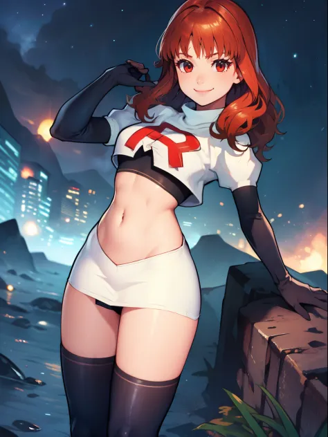 celica fe, team rocket uniform, red letter R, white skirt,white crop top,black thigh-high boots, black elbow gloves, evil smile,...