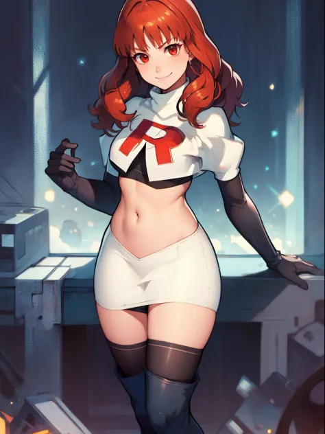 celica fe, team rocket uniform, red letter R, white skirt,white crop top,black thigh-high boots, black elbow gloves, evil smile, looking at viewer, cowboy shot, sexy pose, night sky background