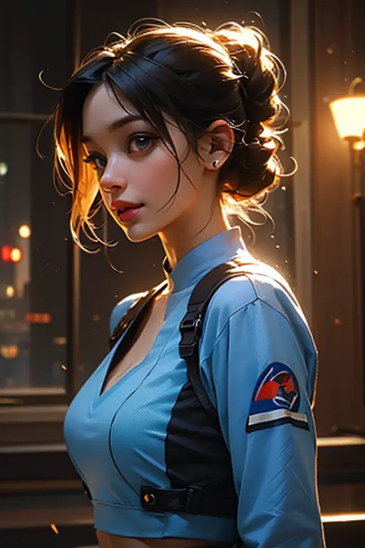 Jill Valentine (resident evil), blue uniform crop top,  masterpiece, best quality, (extremely detailed CG unity 8k wallpaper, ma...