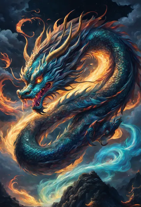chinese dragon, majestic night, detailed scales, glowing eyes, swirling clouds, powerful presence, mystical aura, mystical artwork, traditional artistry, vivid colors, atmospheric lighting, ((night))