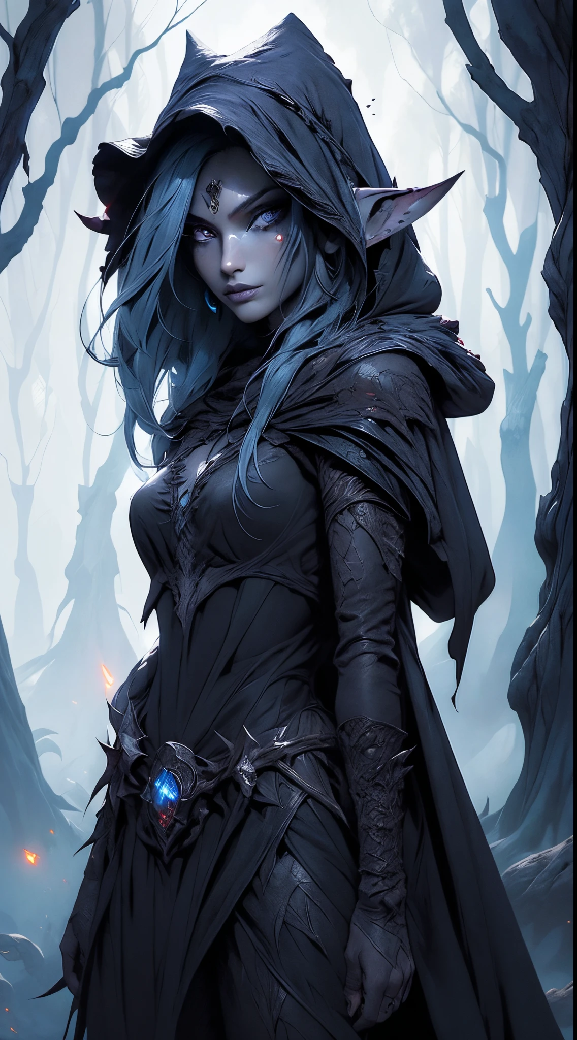drow, female, pointy ears, only, Once, belly button, hood, colored skin, diaphragm, looking at the viewer, Long hair, layer, Dark Elf, old, cana, hood up, cable, old medianos, Hooded coat, beltt, if, Red eyes, gray skin, orange eyes, Upper part of the body, weapon, bright Eyes, lipstick piece, The best quality)), arte por Greg Rutkowski, trends on Artstation,(dark forest background big leaves colors:1.4) ,(Perfect anatomy),(Beautiful blue eyes),(Lava volcano fire texture suit)