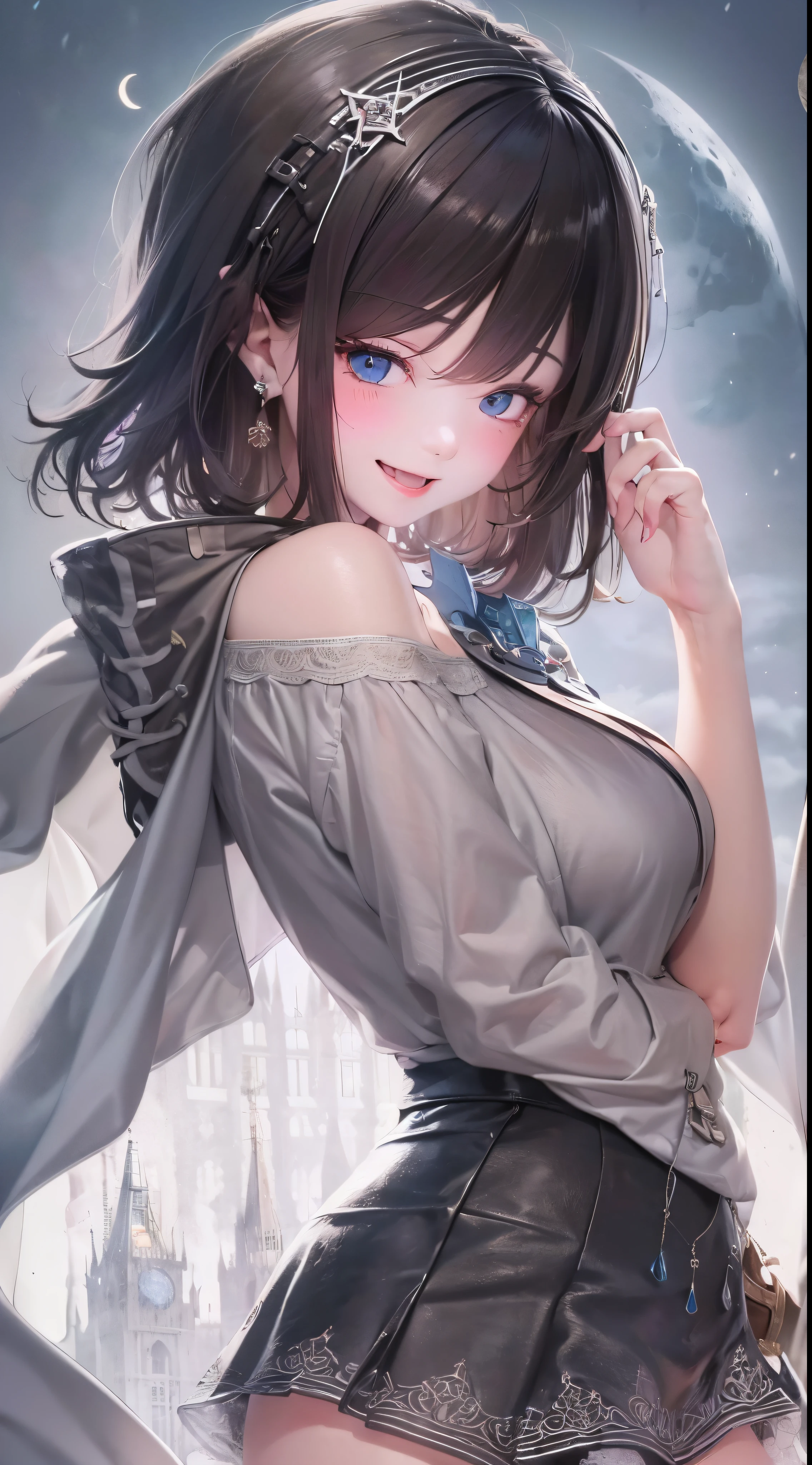 Anime girl with blue eyes and black hair in a gray dress - SeaArt AI