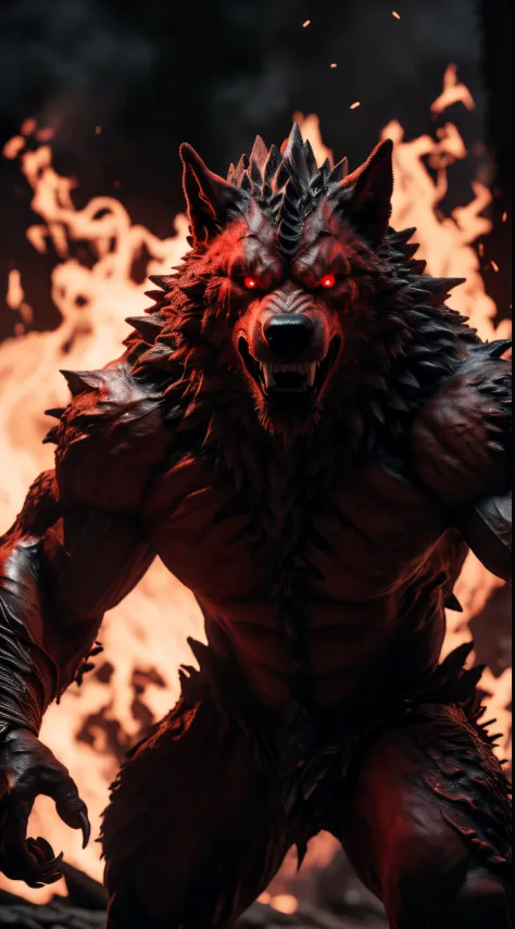 (best quality,16k,32k,highres,masterpiece:1.2),ultra-detailed,(realistic,photorealistic,photo-realistic:1.37),(The ultimate Orochi werewolf) glowing red eyes realistic fire background of totally destroyed mountain alone looking at the camera serious expres...