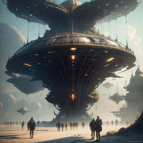 astronauts and pilgrims contemplating an Intricately Detailed MOTHER SHIP OF THE ALIEN INVASION Biomechanical hybrid creature-spaceship MADE OF flesh and blood, Painting By Ismail_Inceoglu Tom Bagshaw Dan Witz CGSociety Fantasy Art 4K. h.r. giger masterpie...