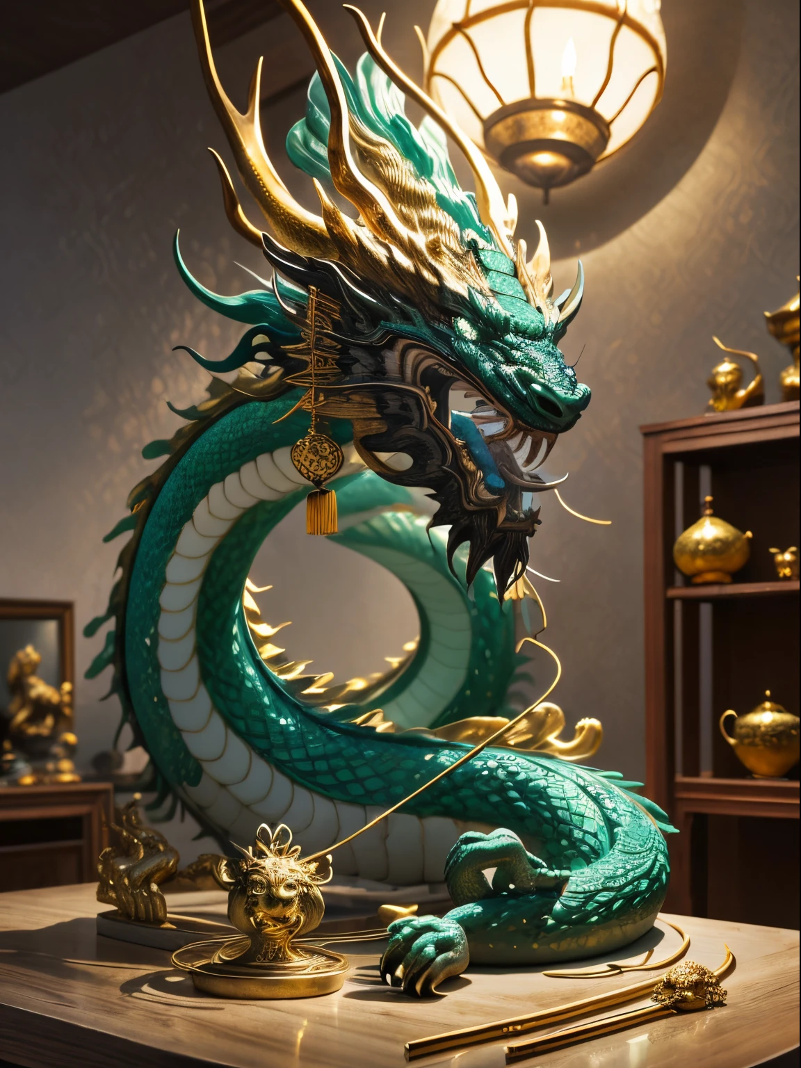 chef-d&#39;œuvre,Meilleure qualité,gros plan décolleté,Fil d&#39;or,choi,buvait,buvait,Dragon chinois,dents de cerf,écailles d&#39;or,avec la bouche ouverte,pattes avec des griffes,((sculpture en jade)),optique,enroulement,Escutule,nature morte,processus,Sur une table,une œuvre d&#39;art,