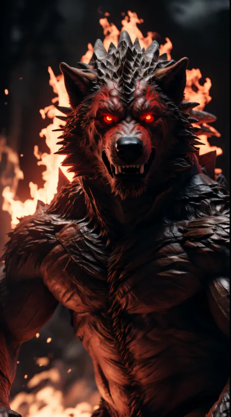 (best quality,16k,32k,highres,masterpiece:1.2),ultra-detailed,(realistic,photorealistic,photo-realistic:1.37),(The ultimate Orochi werewolf) glowing red eyes realistic fire background of totally destroyed mountain alone looking at the camera serious expres...