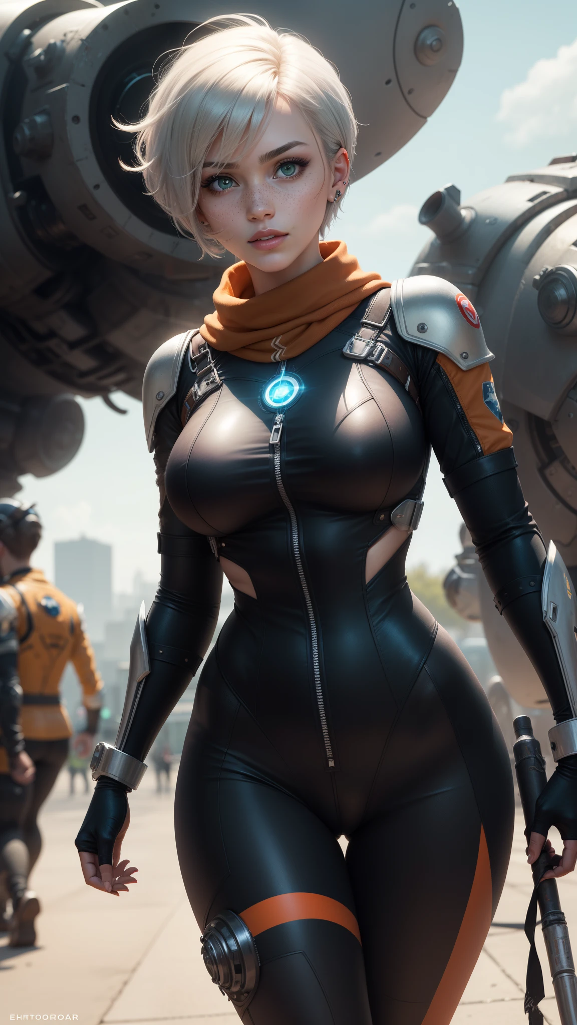 gwen tennyson,yorha 2b,tracer,rebecca chambers,overwatch,atelier ryza,close up,mech pilot workshop,tattoos,orange plugsuit,short sleeve pilot leotard,short sleeve cyborg pilot jacket,orange sport leggings,mech pilot leather corset,short hair,punk makeup,green eyes,multicolored silver hair,sexy smile,freckles,beautiful girl,large breasts,8k,ultra detailed,realistic,fantasy art,steel armor,cyborg armor,silver armor,eva pilot uniform,pilot scarf,hair pin,ear piercings,mobile suit gundam, military hand and neck jewelry,walking,(weather:windy),arc reactor,