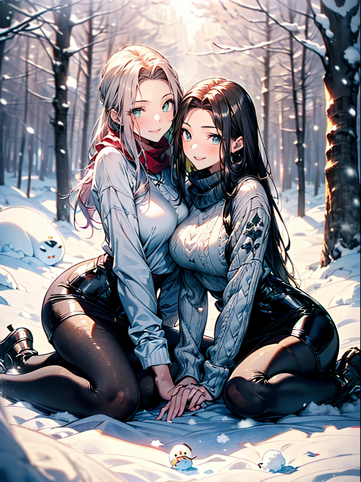 ((2 girls:1.5, snow rabbit:1.laying around in snowy field in forest:1.37, with a snowman:1.5)), Nordic, ((matured girl wearing Sexy white outfits:1.3, cable knit sweater:1.3, close to viewers:1.37, harass sexually:1.25)), a matured woman with long black hair and a white outfit, white winter coat with bore, knit scarf, green ribbon, knee length long boots, white and green winter outfits, white bags on a sled, wearing dark green pleated skirt:1.3, full bodyesbian, fine details, beautiful anime illustration, 26 years old, (milf:1.5, pair:1.5)), (sfw:1.25), (sagging breast, fuge breasts, big tits, thin waist, big ass:1.2), Raised sexy, (dark mahogany medium short hair, updo, hair over one eye, asymmetric hair, Carly hair, low tied braidusulman, white Headscarfs, hair bands, head vandage, Turban), (ultra high resolution, 8K RAW photo, photo realistics, thin outline:1.3, clear focuest qualtiy, natural lighting, textile shading, blurry back ground, depth of field, bokeh, (Bright fine pupils:1.2, high detailed beautiful eyes with highlight:1.3, super detailed eyes, high detailed face), Red lip, fine realistic skins:1.1, looking at viewers:1.3, (dynamic angle:1.3, breast focus:1.3, from below:1.4), (multi posing:1.3, sexy pose:1.3, sitting one's behind:1.4, M-shaped opening legs:1.1, with hugging from behind:1.2), (seductive, happily smile with opening mouth:1.4), centered image:0.2, (wearing white long coat with bore and clotheare breast:1.2), gold ornaments, rolling red clothes around waist, dark brown long leather boots:1.3, translucent lace pantyhose), (((correct anatomy:1.5, perfect hands:1.5, ideal ratio body proportions:1.37))), (in a night:1.3), outdoors:1.6, under starry sky:1.2,