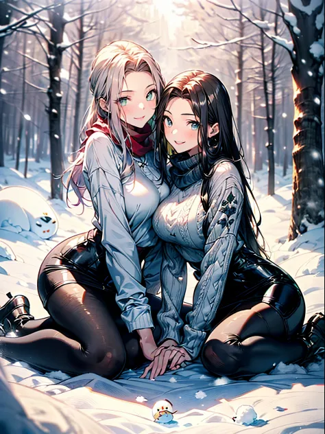 ((2 girls:1.5, snow rabbit:1.laying around in snowy field in forest:1.37, with a snowman:1.5)), Nordic, ((matured girl wearing S...