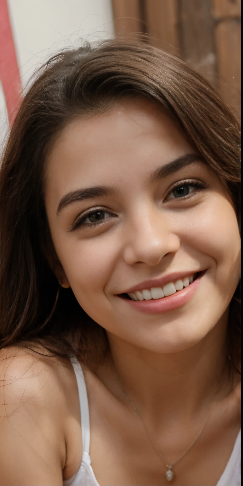 A close up of a woman smiling with a white shirt on - SeaArt AI