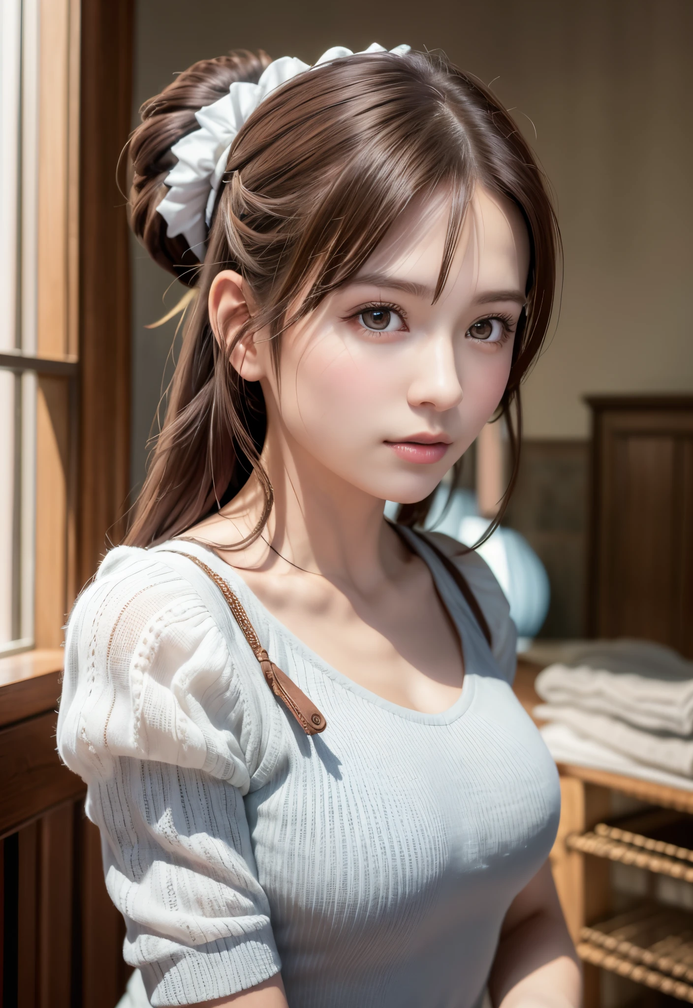 8K, of the highest quality, masutepiece:1.2), (Realistic, Photorealsitic:1.37), of the highest quality, masutepiece, Beautiful young woman, Pensive expression,、A charming、and an inviting look, Cute Maid Clothes, Hair tied back, Cinematic background, Light skin tone