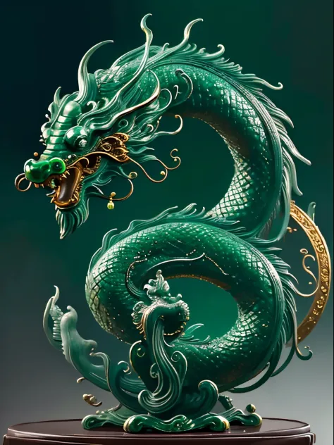 masterpiece,best quality,close up,gold line,green jade,loong,dragon,chinese dragon,fangs,gold scales,open mouths,claws,((jade sculpture)),pervious to light,winding,sculpture,still life,crafts,on the table,artware,